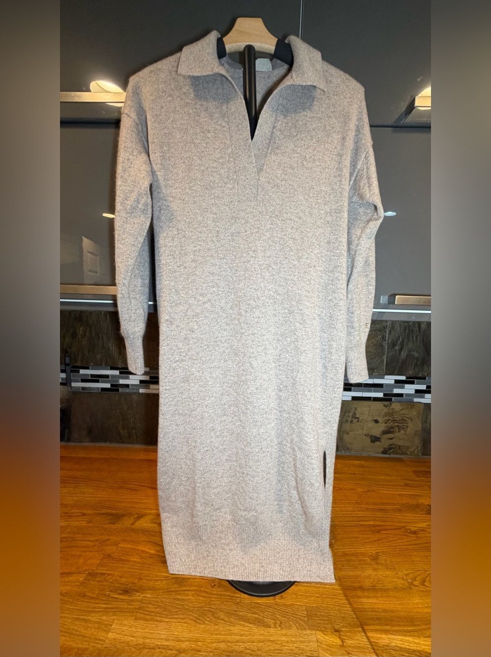 Everlane Women's Long Cashmere Polo Long-sleeved Dress in Light Gray/Taupe.